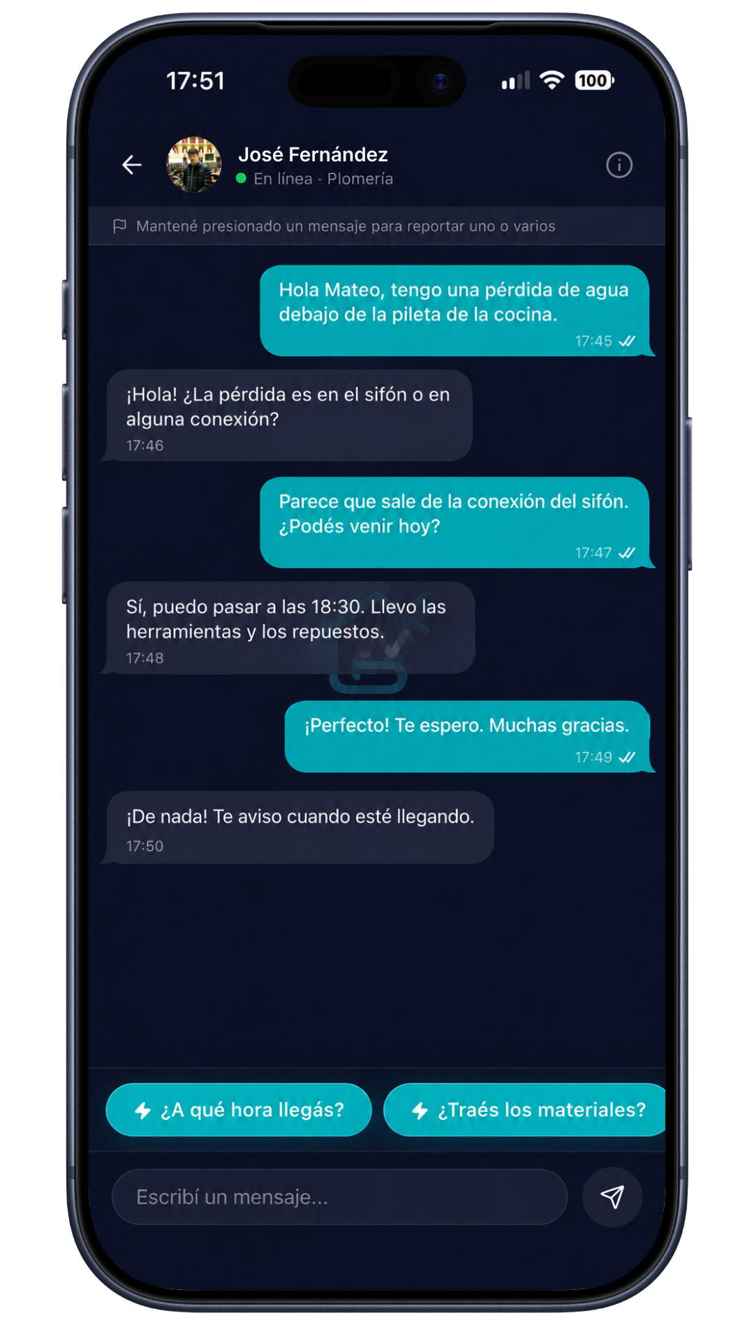 Chat de WorkaDom entre un cliente y un plomero coordinando la visita