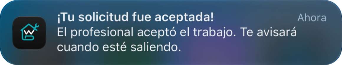 Notificación: ¡Tu solicitud fue aceptada! El profesional aceptó el trabajo