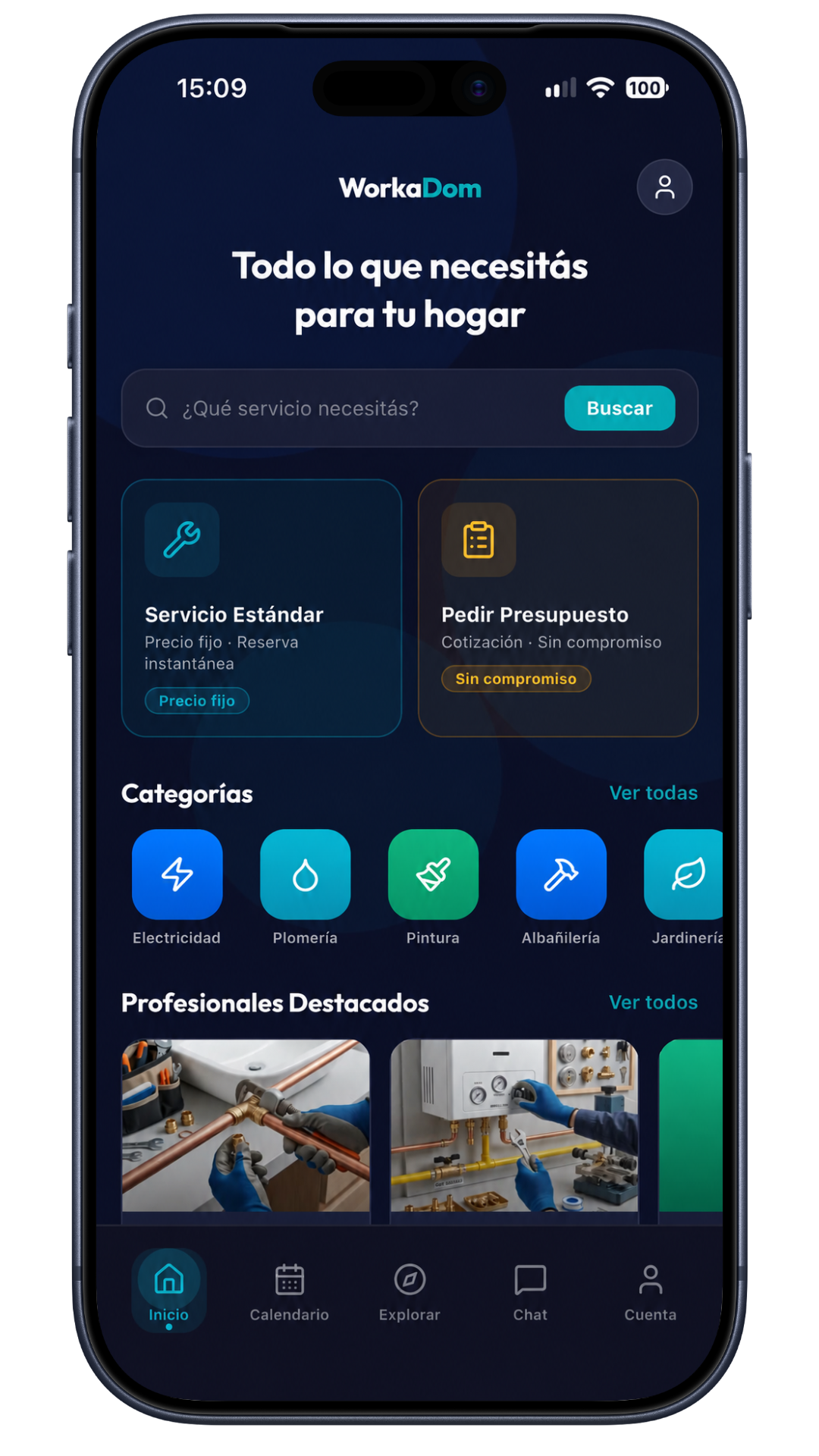 Pantalla de inicio de WorkaDom con buscador, tipos de servicio y categorías